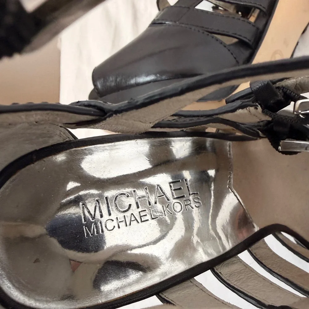 Michael Kors Black Leather Gladiator Buckle Platform Heels Sandals Womens 9M